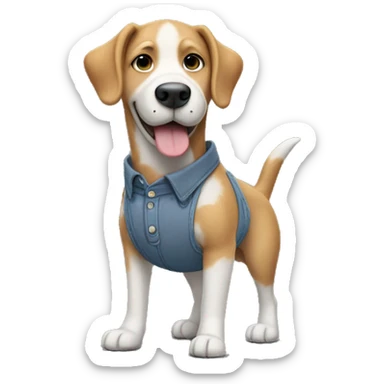 a dog standing on his feets wearing shirt, pant , shoes with his hand inside pocket and smiling  sticker