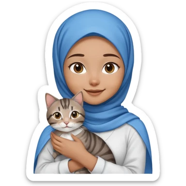 Girl wearing blue hijab with white shirt smiling while holding a black brown grey tabby cat sticker