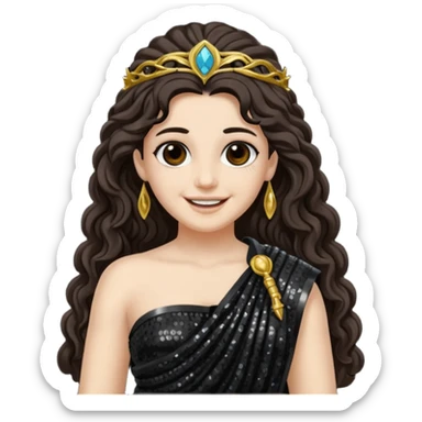 Libera, Goddess of Death from Roman Deities with long dark brown wavy hair, black sequin toga sticker