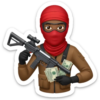 Brown skin Robber with ski mask and ar-15 in red bandana outfit throwing money sticker