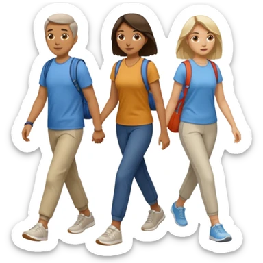 iOS emoji style - a men and 2 women in casual clothes and wearing trainers. Walking in the same direction quickly together. 
Not holding hands. No backpacks. 
 sticker