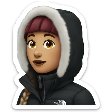 White burgundy haired Girl wearing black northface parka sticker