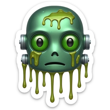 make a tired old melting robot emoji, covered in green sludge, 2d, make the eyes melting and gross sticker