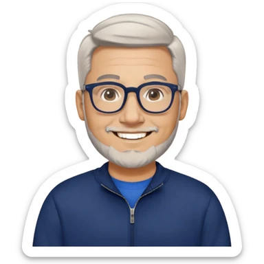 Light-skinned wider-built man with oval face, very close-cut hair (shorter on top, skin fade), short graying beard, big black glasses frames, happy smile, navy blue zip-up sweatshirt with long sleeves sticker