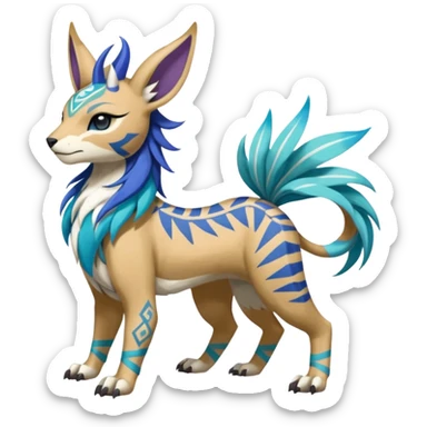 Tropical Tiny Marked Patterned Tribal Colorful Skilled Adept Graceful Asian Painted WereGarurumon-Suicune-Linoone-Meloetta-fusion-hybrid-creature (full body) sticker