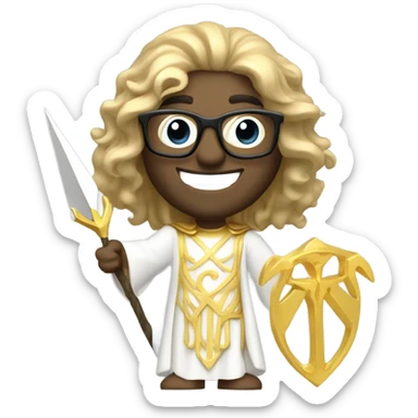 white Poseidon with gold Trident and nerd glasses. long hair white dress. smile . wink. profil position pointing  sticker