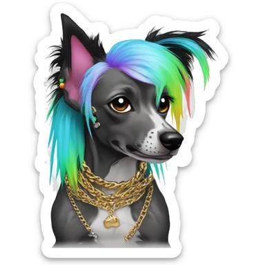 Punk Chinese crested dog neon rainbow hair gold chain punk piercings tattoos punk ear piercings sticker