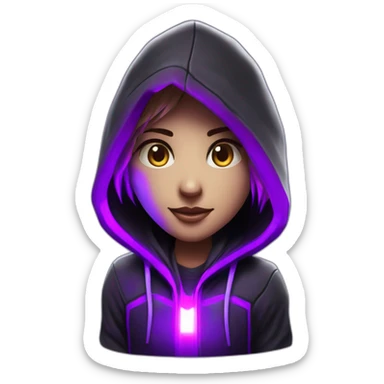Girl developer behind his laptop with this style : Crytek Crysis Video game neon glowing bright purple character purlple black hooded hacker themed character sticker