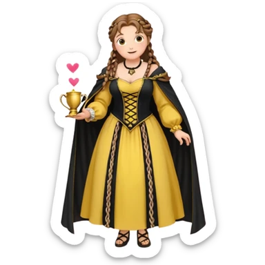 Helga Hufflepuff,brown-haired,2 braids,yellow-black medieval open dress,deep neckline,fat macromastia,black cloak decorated with gold braiding,gold cup with two handles,very kind smile,curvy busty,round rosy cheeks,full length with medieval shoes, inscription in pink heart says:"I love HELGA" sticker
