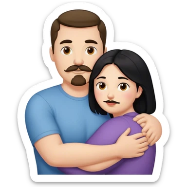 Couple, Tall strong white man with brown mustache goatee hugging a chubby short pale woman with long black hair sticker