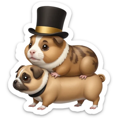 a cute guinea pig wearing a top hat riding on the back of a pug dog sticker