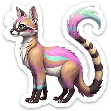 Colorful dark tropical feathery tribal pale light fruity pastel white glorious iridescent divine exotic cute cool beautiful beautiful fantasy-caracal-civet-genet-sergal-vernid-Gryphon-Cacomistle-Trico-oncilla-animal-Fakémon-hybrid-fursona (full body) sticker