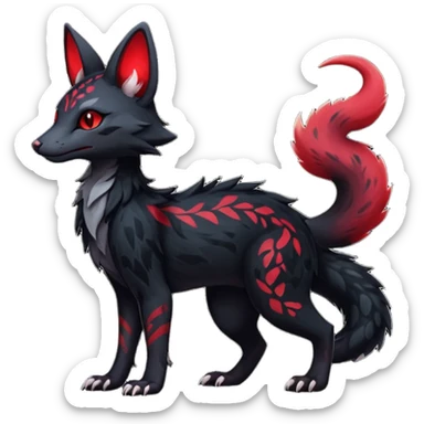 Feral Rare Fantasy   dark obsidian-black fur with crimson glowing runic markings Vernid-Sergal-Genet-Trico-species by LiLaiRa, random markings, tufted tail, tufted ears, full body sticker