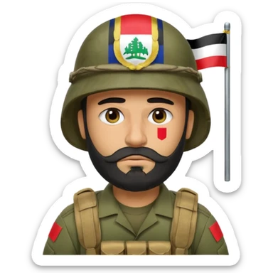 A very tired and sad, swarthy Iraqi soldier with a beard, an Iraqi flag on his helmet, a sad expression and bags under his eyes sticker