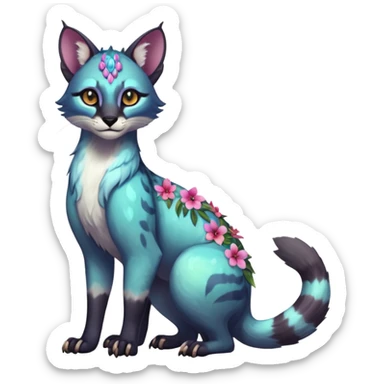 Colorful dark tropical white iridescent glorious divine exotic cute cool beautiful shiny beautiful floral fantasy-caracal-civet-genet-sergal-vernid-Cacomistle-oncilla-animal-Fakémon-hybrid-fursona (full body) sticker