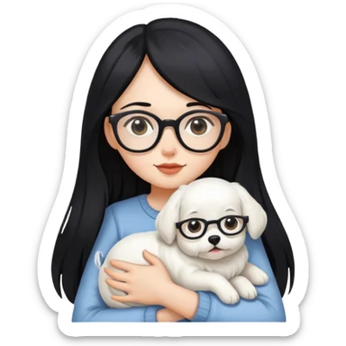 A girl with long black hair and glasses holding a white dog sticker