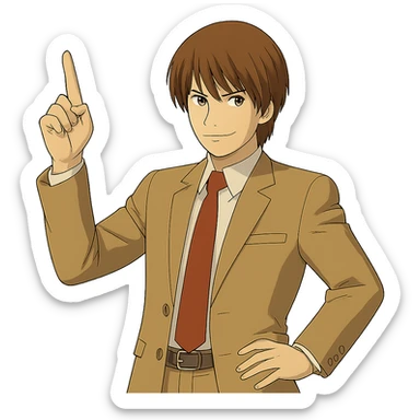 Create an exact Light Yagami in Ghibli style, standing with one hand pointing upward, wearing the same suit, with the same confident expression, on a transparent background. sticker