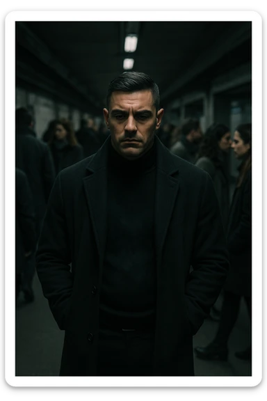 A cinematic shot of a man in his early 30s standing still in the middle of a crowded urban environment — perhaps a subway platform or office hallway — surrounded by blurred, cold-looking people facing away from him or speaking among themselves, ignoring him completely. The man has a heavy, emotionally drained expression, shoulders slightly slouched, hands in his coat pockets. He stands out in sharp focus while the others are dimly lit, grey-toned, and in motion blur. The lighting is harsh and cool, with strong shadows and low saturation to emphasize emotional isolation. A subtle dark aura or mist lingers around the man’s body, visually conveying the weight of negativity and emotional pressure. Shot in 35mm cinematic style, high realism, with a desaturated color palette and shallow depth of field sticker