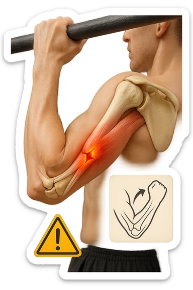 3D, vertical anatomical visualization: close-up of a man’s elbow during a pull-up, with the internal anatomy visible. A clear rupture or lesion is shown in the tendon or ligament, colored in red and orange. Swelling and inflammation are depicted around the joint. A warning icon and a small infographic explain the mechanism of injury. sticker