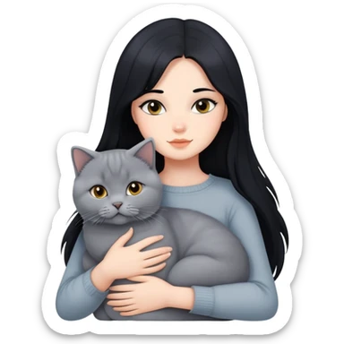 A beautiful girl with long black hair hugs a British Shorthair sticker