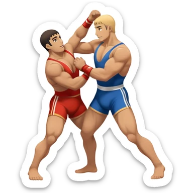 An icon showcasing two wrestlers engaged in a Greco-Roman wrestling match. The athletes are locked in a strong clinch, using their upper bodies to dominate. The background features a wrestling mat and traditional Greco-Roman elements. Transparent background. sticker