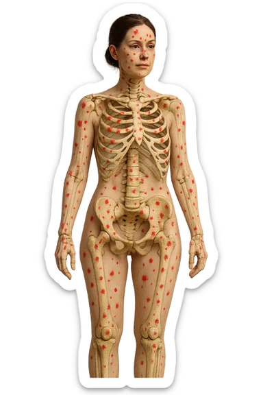 corpo umano anatomico di una donna affetta da fibromialgia, red spot sparsi sulle sue ossa, iperrealistica 4k sticker