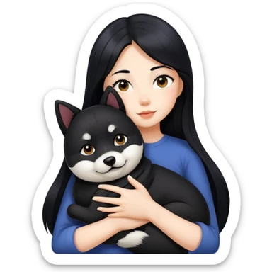 A beautiful girl with long black hair hugs a black Shiba Inu sticker