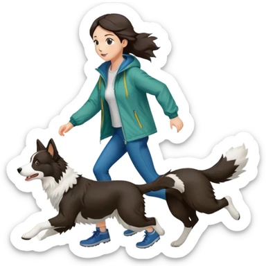 A beautiful girl with fair skin wearing a windbreaker chasing a Border Collie sticker