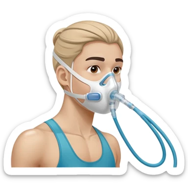 Athlete wearing VO2 max testing mask covering nose and mouth, with tubing connected to measurement equipment sticker