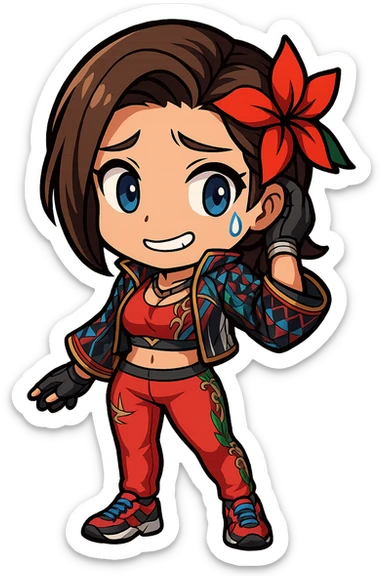 Azucena from Tekken 8 in chibi sticker style, with a sweat drop and nervous smile, wearing the detailed red and patterned outfit from the reference images, designed for Twitch emote use. sticker