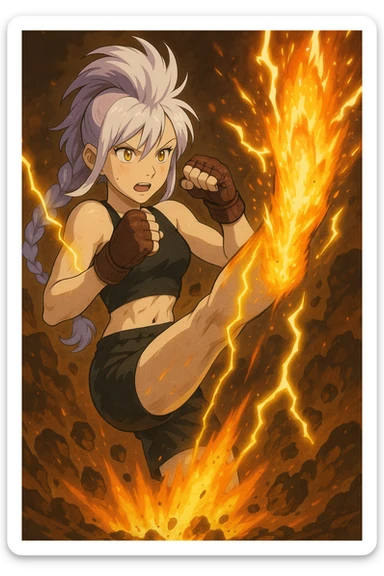 maiden, mohawk, long braid white hair with lavender and tips long messy bangs one side, gold yellow eyes, black crop top, with both fighting gloves up in defensive ready pose, delivering a lightning quick vertical upwards front kick with volcanic force sticker