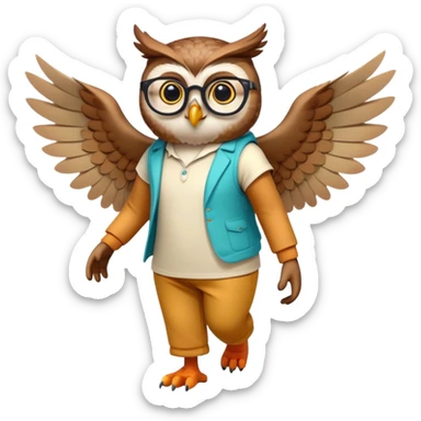 friendly anthropomorphised owl with wings instead of arms, colourful pants and shirt, wearing glasses, walking upright, unique pose 2 sticker