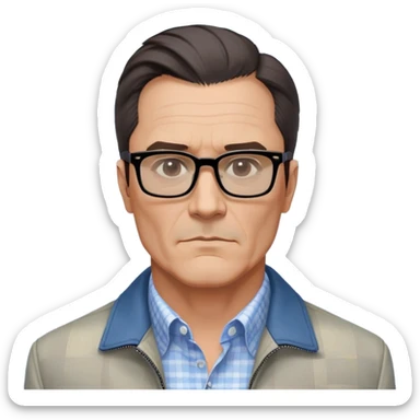 50-year-old man with very prominent and large square jawline that's wider than the rest of his face. Large dark square glasses, short straight hair combed to the side with some gray. Serious-relaxed expression. Light gray jacket, white shirt with blue checkered pattern. sticker