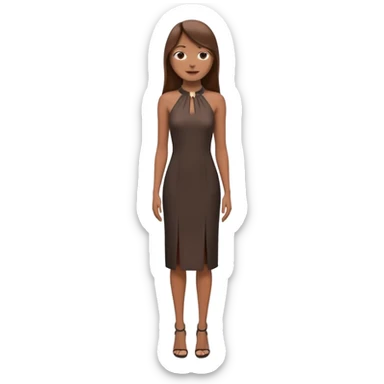 emoji-style illustration of a stylish woman with long straight brown hair, wearing a dark halter neck dress, elegant and minimalistic look, front-facing, soft 3D cartoon rendering, plain background sticker