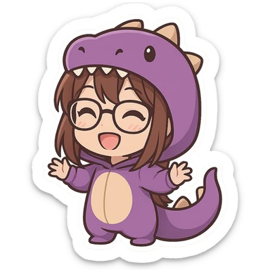 chibi anime style gamer girl with glasses, brown hair, dark purple eyes, wearing a purple dinosaur costume, happy, eyes open, no controller sticker