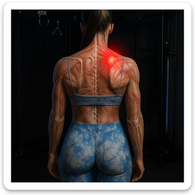 Anatomical hyperrealistic 4K view of a woman from the back in a gym environment, showing a muscle contracture as a clearly visible knot on the right side of the upper back muscles, translucent muscles and skin, with a red halo. Knot positioned higher. sticker