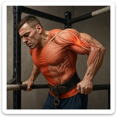 Hyperrealistic 4K anatomical illustration of a man performing a dip on parallel bars in a lateral position as in the reference image. Expression of discomfort, shoulder highlighted with an anatomical effect showing muscles, tendons, and inflammation. Gym atmosphere. Variant 8. sticker