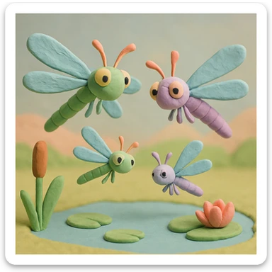 claymation style dragonfly family, two large and two small dragonflies hovering together above a pond, soft pastel colors, playful and gentle scene sticker