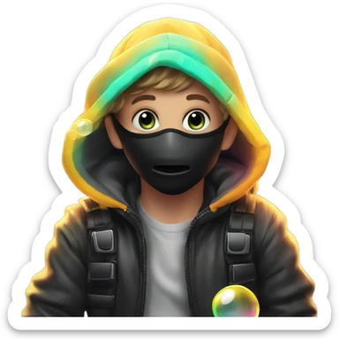 Caucasian boy at rave wearing a black mask and a glowing outfit and glowing hat with bubble guns in each hand with bubbles all around sticker