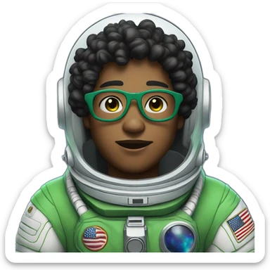 Medium tone skin Boy with black short curly hear and beard and glasses wearing a green and white astronaut suit sticker