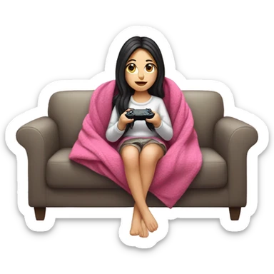 White girl with dark hair wrapped up in a blanket sitting on a couch with a pink gaming controller in her hands sticker