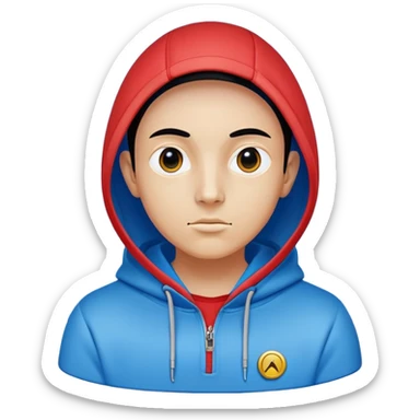 "A stylized digital illustration of a humanoid figure wearing a blue hoodie. The figure has a smooth, glossy red face with two large, round black eyes. The hoodie has a small emblem on the chest, resembling a minimalist symbol. The background is a solid pastel yellow, creating a clean and modern aesthetic. The art style is cartoonish and futuristic, with bold outlines and simple shading." sticker