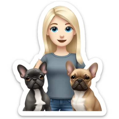 Blonde girl blue eyes holding a dark grey frenchie and a fawn pied frenchie sticker