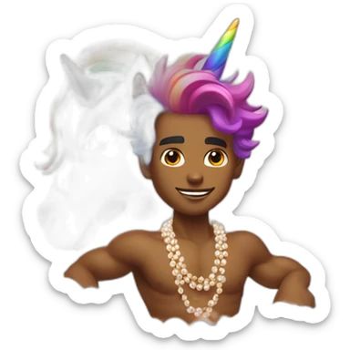 posh-muscle-boy-with-pearl-necklace-and-rainbow-unicorn-hair-in-golden-bathtub sticker