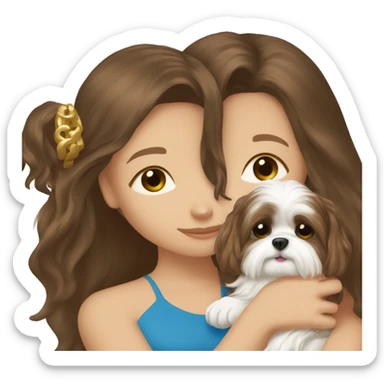Brunette girl with brown long hair and blue eyes, hugging her withe Shih tzu with gold ears sticker