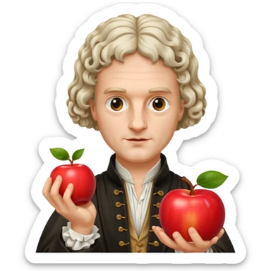 Isaac Newton wearing 17th-century aristocratic attire with long curled periwig, hold an apple sticker