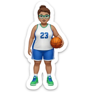 Full Body plus size white female basketball player with short medium brown hair with short spike hair wearing blue glasses 
With a small wide nose wearing blue green uniform  green sneakers smiling wearing silver hoop earrings sticker