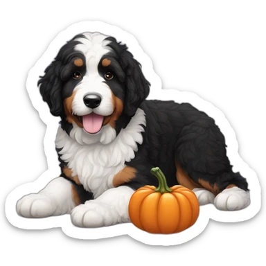 black and white bernedoodle with a pumpkin sticker