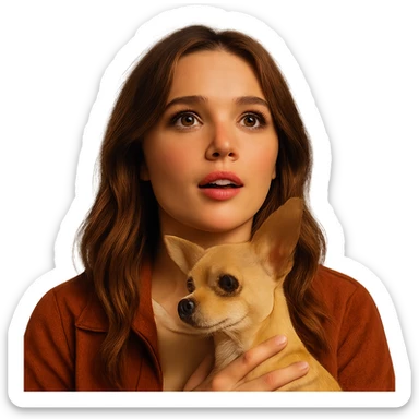 Portrait centered for Instagram profile picture, inspired by the facial features visible in the reference images, with a tanned complexion, subtle freckles, shirt color #FFF8CA, rust-colored jacket, medium-length brown hair with auburn highlights, admiring and amazed expression, holding a beige-brown chihuahua, Netflix series style, transparent background, intimate Tenerife ambiance. sticker