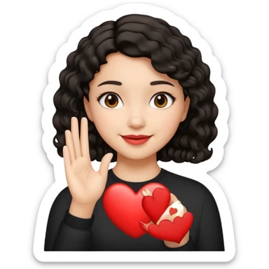 chica de cabello negro, corto y ondulado, haciendo un corazón con la mano, estilo emoji de iPhone, expresión sonriente sticker